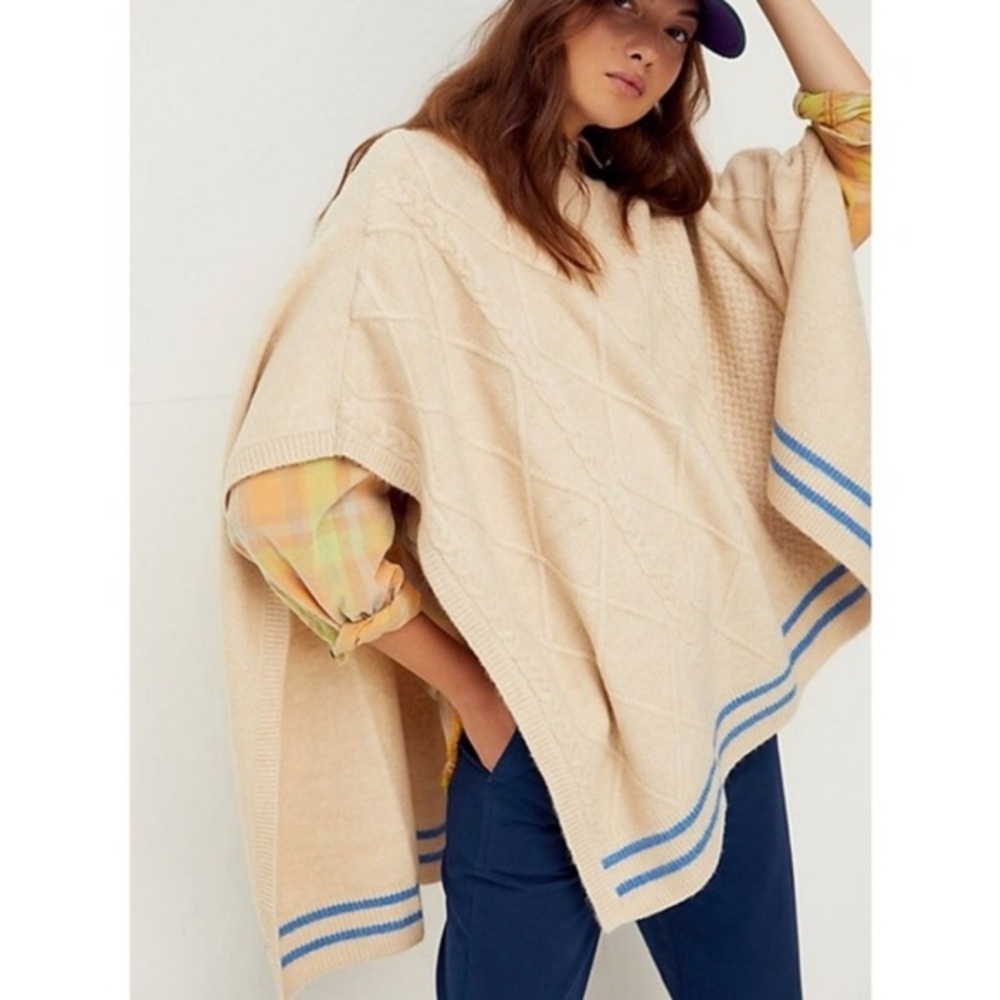 Free People Harbour Stripe Cable Knit Poncho Cream Blue Sweater One Size OSFM